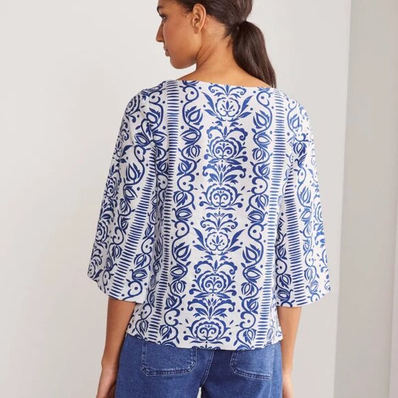 Boden Laurie 100% Linen Blouse 3/4 Bell Sleeve Blue White Pacific Stamp - Picture 9 of 14